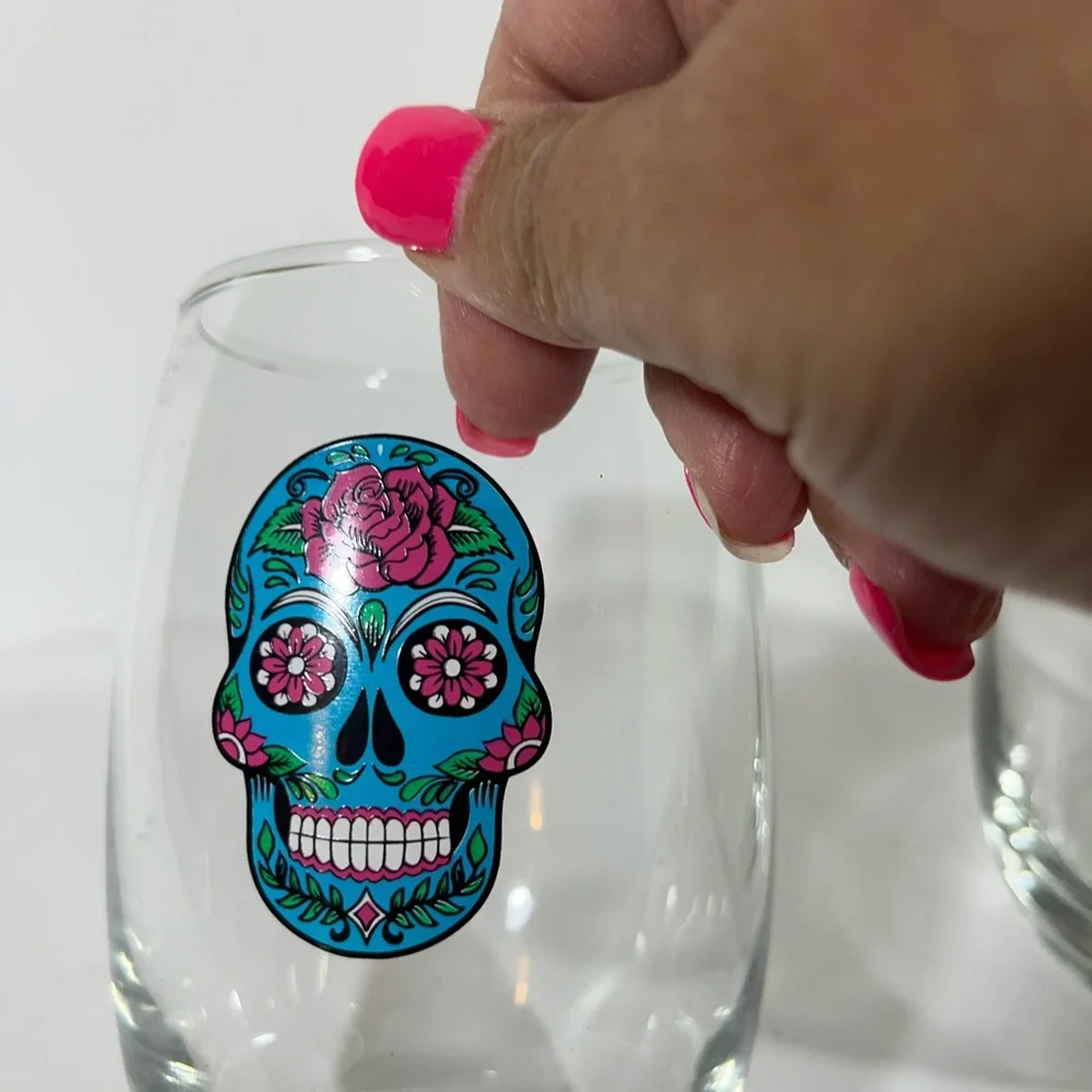 SUGAR SKULL DAY OF THE DAY HALLOWEEN 5” STEMLESS WINE‎ GLASSES SET 2 BLUE/WHITE